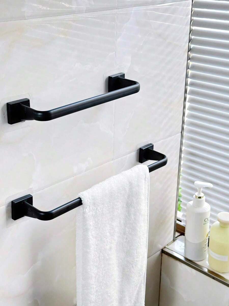 免打孔粘贴式镂空毛巾架，安装简便，超强粘性，经久耐用，其他材质可选，壁挂式毛巾架，节省空间的浴室配件 - 黑色 - 查看 1