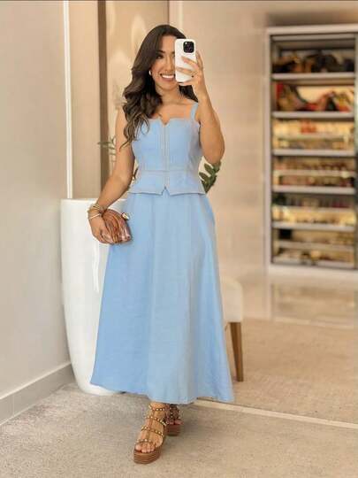 Vestido Midi Feminino Rodado com Alça Larga Decote  Tecido Sensorial Macio, Elegante e Confortável, Tamanho Único que Veste do 38 ao 42