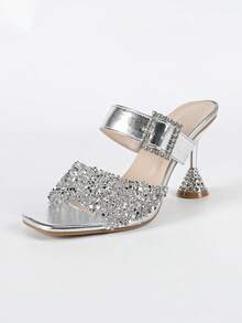 Sandalias de tacón alto con puntera cuadrada, decoradas con hebilla cuadrada de cristal de ródio brillante, elegante y de moda para mujer. Estilo glamoroso y encantador para eventos nocturnos, bodas, fiestas y atuendos de primavera y verano. - Plateado - Ver 7