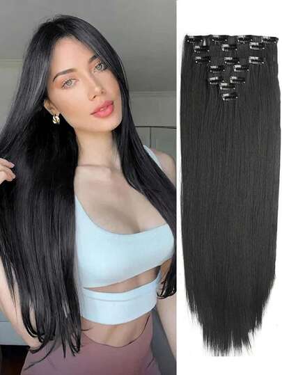 7Pcs/Set 16 Clips Hair Extension Black Long Straight Natural Hair Ombre Hairpiece Heat Resistant Fiber For Women Hairstyle