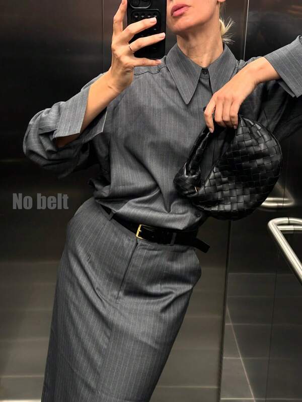 Light Grey Striped Office Outfit With Long-Sleeved Shirt And Long Skirt - Women's Work Wear, Professional Smart Casual Suit (No Belt)