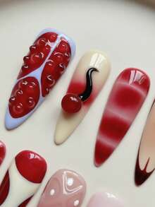 Brighten Your Nails – 10PCS Fall/Winter Long‑Length Almond Handmade Press On Nails, Red Gradient Cream French Tip Nails With Hand‑Painted Apple, Strawberry & Pomegranate Art, Droplet & Cherry 3D Emboss, Removable Reusable Nail Set (Includes Nail Glue & Nail File) – & Cute Christmas Nails Autumn Winter Nails