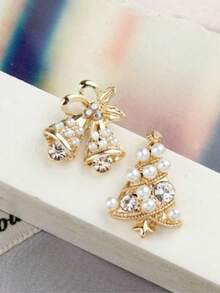 1 Pasang Anting Mutiara Asimetris dengan Hiasan Pohon Natal & Lonceng, Seri Natal - Banyak warna 11 - View 3