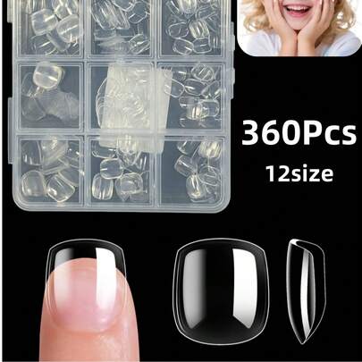 短椭圆形儿童美甲贴片，360片软胶美甲贴片，预成型按压式美甲贴片，透明亚克力半哑光全覆盖假指甲，适合儿童DIY延长和美甲沙龙使用，12种尺寸美甲用品