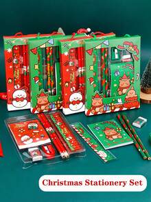 5pcs Kids Christmas Stationery Set, Cartoon Santa Claus Pattern Handheld Stationery Combo, Practical Children's Writing Set, Learning Supplies Gift, Suitable As Holiday Stationery Small Gift