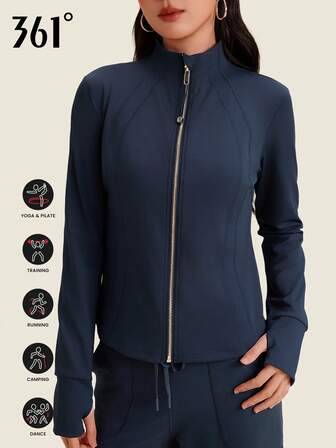 361degree 361° Women's Long Sleeve Sportswear, High Collar, Thumb Hole Design, Stretchy Fabric, 3D Silhouette For Non-Bulky Fit, Gold Zipper Accent, Stylish For Daily Wear, Suitable For Casual Sports, Yoga, Dance, Fitness