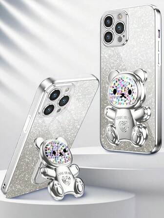 Nova capa de celular eletroplaqueada anti-queda + papelão com glitter + ursinho de doce colorido pintado + suporte oculto totalmente eletroplaqueado + conjunto completo de capa para celular, compatível com iPhone 17/6/7/8/X/XS/XR/11/12/13/14/15/16/16e, Galaxy S22/23/24/25/S24 FE/S25 EDGE, A04/05/06/A07/A14/A15/A16/A17/A24/A25/A34, Mi Note 9/10/11/12/13, Mi 9/10/12/13C 14C, OPPO, MOTO, Honor X, HW, RENO Realme C53 C55