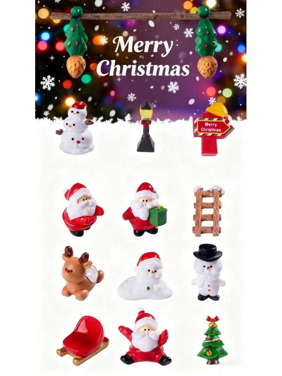 10pcs Mini Christmas Craft Resin Christmas Snowman Christmas Fruit Christmas Tree Jingle Christmas Gift Bag Decoration Set. (Random Category - Multicolor - View 1