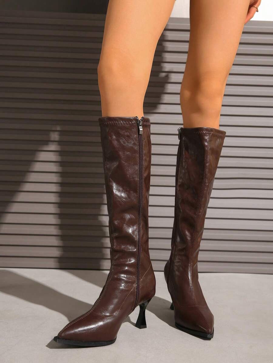 2025新款尖头时尚修身高跟过膝长靴，时尚显瘦女士户外过膝长靴 - 棕色 - 查看 1