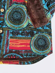 Women's Retro Loose Floral Print Thermal Lined Casual Hooded Jacket - Blue - View 4