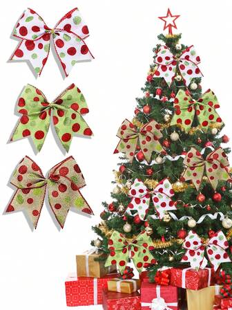 クリスマスフェスティバル リボン装飾 3個セット、クリスマスツリーアクセサリー、ギフトボックス装飾アイテム、ホワイト、グリーン、カーキの3色展開。クリスマス装飾、クリスマスギフト、クリスマスツリー装飾、フェスティバル装飾アイテム、フェスティバルギフト、リース装飾に適しています。