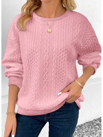 Moletom de manga comprida com gola redonda, casual, texturizado, em cores sólidas, tamanho grande, moderno e versátil.