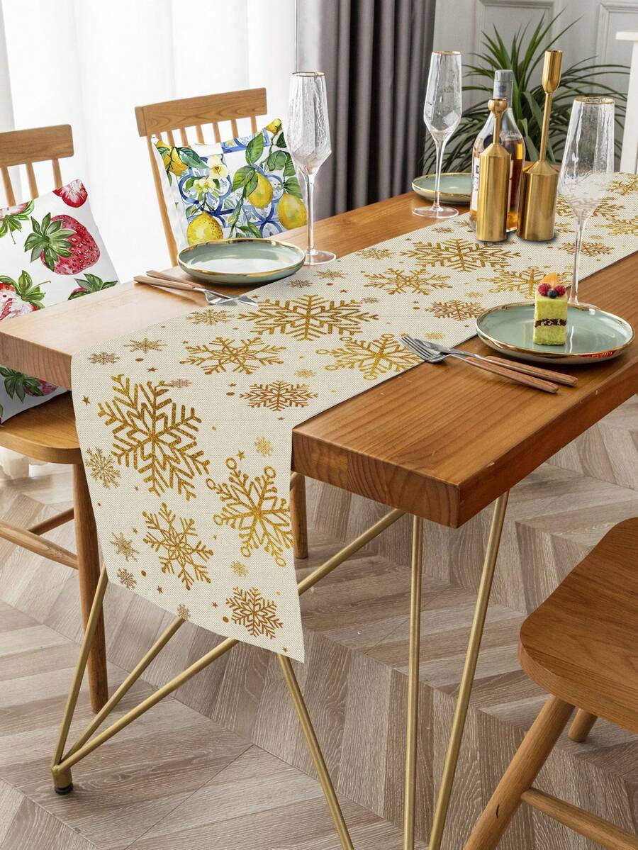 1pc Christmas Snowflake, Pancake Man & Tree Element Linen Table Runner, Single-Sided Printed, Suitable For Kitchen, Living Room Decor And Event Party Decoration, Christmas Decoration - Multicolor - View 1