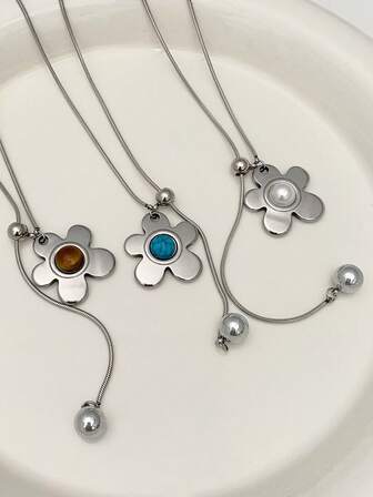 1pc Stainless Steel Tiger Eye Flower Adjustable Necklace, Fashionable Minimalist Elegant Jewelry Suitable For Daily, Party, Date Wear