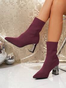 Women's Autumn/Winter New Breathable Slimming High Heel Fashion Boots, Versatile Pointed Toe Chunky Heel Ankle Boots - Burgundy - View 2