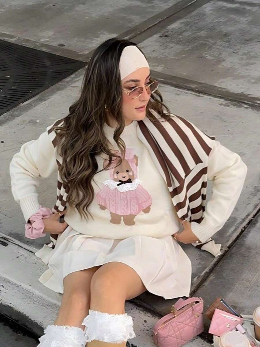 Women's Crew Neck Teddy Bear Print Long Sleeve Pullover Sweater, White, Collegiate Style Top - White - View 1