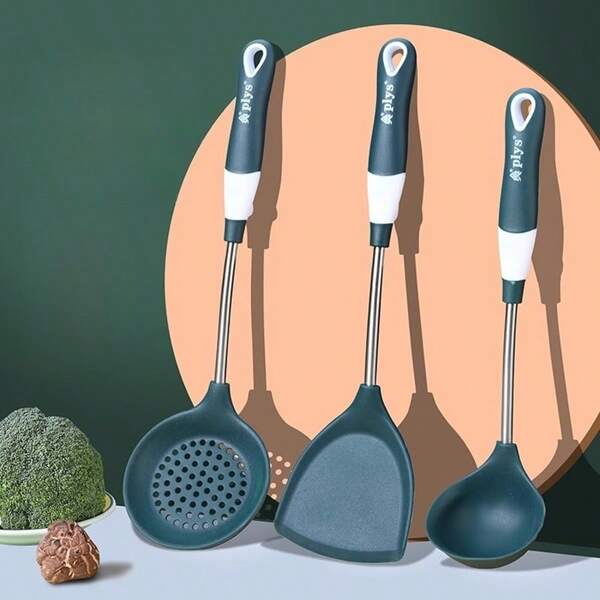 3pcs Stainless Steel & Silicone Cooking Utensil Set, Heat Resistant Spatula For Cooking, Non-Stick Pans, Suitable For Stir-Frying, Searing Steaks