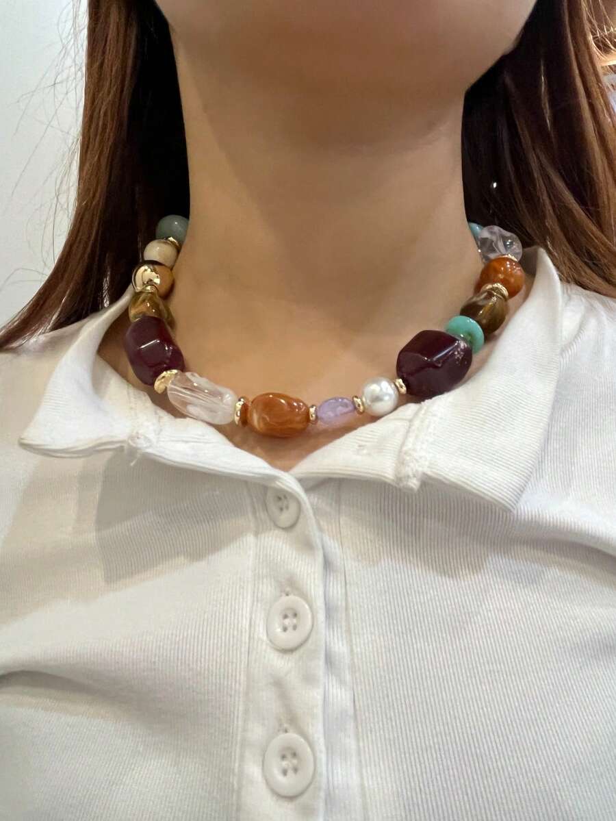 1pc Fashionable Retro Exaggerated Bohemian Style Thick Multi-Color Acrylic Beaded Necklace For Women