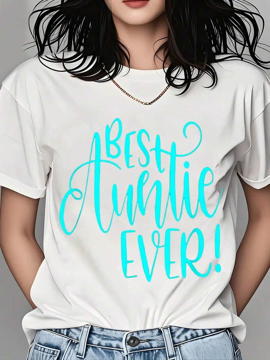 Best Auntie Ever T-Shirt For Women - Cute And Funny Gift For Aunt, Perfect For Mother's Day, Birthday, Or Family Gatherings - White Crewneck Tee With Turquoise Typography Design - trắng - Xem 1