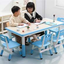 Juego de mesa y sillas para niños de 2 a 10 años, escritorio de manualidades con altura ajustable y 6 sillas, escritorio de grafiti con patas antideslizantes y organizador, ideal para aulas, guarderías y el hogar - Azul - Ver 8