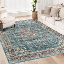 Maschinenwaschbarer Vintage-Teppich, rutschfest, fusselfrei, ultraweich, Überwurf, Bodenbelag, Blumenmuster, niedriger Flor, faltbarer Innenteppich für Wohnzimmer, Schlafzimmer, Esszimmer, Spielzimmer, Kinderzimmer, Wohnheim - braungrün - Übersicht 2