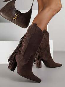 Cowboy Boots With Fringe Heels For Daily Wear - Brown - View 1