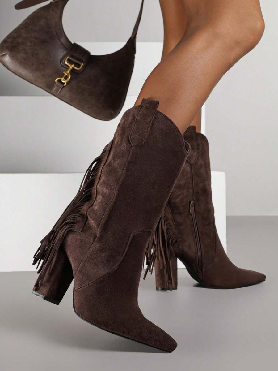 Cowboy Boots With Fringe Heels For Daily Wear - Brown - View 1