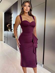 CurvySweet Classic Elegant Fitted Midi Dress With Ruffle Hem, Boned Bodice, Suitable For Business, Social Events, Wedding Party Dress Spring - Burgundy - View 3