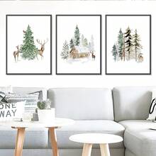 3 pièces Impressions sur canevas de Noël, Forêt d'hiver, Art de cabane de renne, Décoration murale thème mode, Œuvre d'art de vacances pour la maison, Décoration de Noël, Art mural sur canevas, Affiches pour la chambre, Décoration de la maison, Décoration de chambre esthétique, Accessoires de décoration de chambre. Cadre en option, Décoration de chambre.