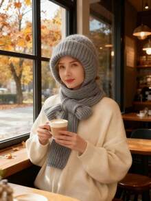 1 peça de gorro de malha texturizado de poliéster de cor sólida com protetor de pescoço e orelha, gorro quente 3 em 1, melhor presente para a mãe no inverno, acessórios de inverno, roupas de inverno