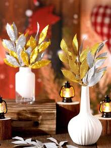 8pcs Christmas Wedding Decor Sparkling Golden Powder Artificial 6-Leaf Olive Leaves, Indoor Home Christmas Tree Wreath Decor, Photography Props, Winter Party, Christmas Decoration,Christmas