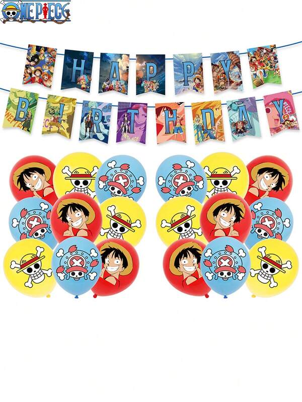 TOEI ANIMATION 19 PIEZAS Conjunto de globos con temática de One Piece con licencia oficial de TOEI ANIMATION. Suministros para fiestas de cumpleaños, Navidad, Año Nuevo, graduación con globos impresos con banderas, fondos y manteles con temática de animación. Decoración para interiores, exteriores, conmemoraciones, regalos para amigos y familiares.