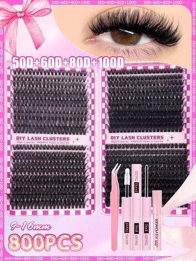 XISHIYO 800pcs Mixed Length False Eyelashes, Including Eyelash Clusters, Eyelash Glue And Remover, Suitable For Beginners, Natural And Thick, Great For Dense, Voluminous And Dramatic Makeup Looks, Suitable For Home Use Or Carrying Out, Applicable For Daily Life, Dates, Parties, Holidays And Other Occasions