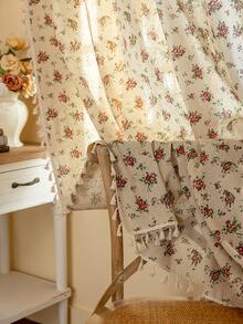 1件红色玫瑰印花窗帘，波西米亚风格，米色流苏装饰，厨房短帘，房间门口帘，适用于家庭、卧室、书房、客厅、阳台、露台、飘窗装饰、门窗装饰，四季皆宜 - 紅玫瑰 - 查看 6