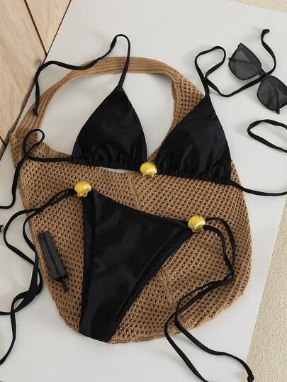 女士纯色金属贝壳挂脖系带比基尼套装，透气高弹面料，适合复活节、派对、音乐节、情人节；女士毕业季假日装；女士优雅沙滩泳装；女士沙滩比基尼泳衣；女士泳装；女士比基尼沙滩套装，女士泳装，夏季假日套装