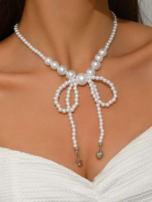 1 pezzo Collana con perle, fiocco e nappine, stile retrò francese dolce, perline di alta qualità, catena da clavicola da donna, accessorio di moda, regalo creativo