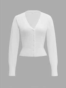 Y2K Style Sunshine Girl Aesthetic Pure White Sexy Button Design Long Sleeve V-Neck Cardigan Sweater, Suitable For Spring, Valentine's Day, Back To School Season - Beige - View 3