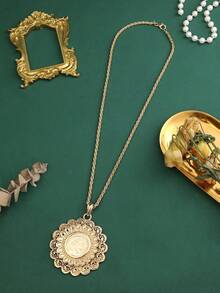 1pc Vintage Necklace, Double-Layer Gold-Tone Napoleon Portrait & Flower Hollow Pendant Necklace For Women, Middle Eastern Arabic Fashion, Suitable For Wedding, Party, Holiday, Daily Wear - Style1 - View 3