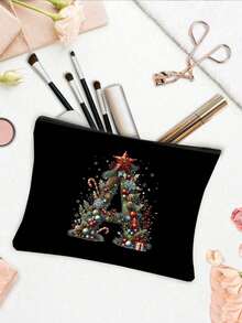 圣诞树字母A-Z系列纯色化妆包，可爱复古简约时尚字母图案印花收纳包，圣诞礼物，小物件收纳化妆包，多功能收纳包，指甲油收纳包，时尚化妆品收纳包，洗漱包，手提包，轻便折叠收纳包，简约购物袋，教师礼物手提包，护士、医生、教师收纳包，适合个人旅行化妆品收纳 - 彩色 - 查看 4