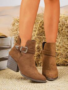 Fall/Winter Fashion Buckle Design Short Shaft V-Cut Pull-On New Riding Boots, Chunky High Heel Professional Boots - Brown - View 5