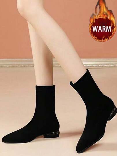 Women's Fashion Versatile Pointed Toe Short Ankle Socks, Simple & Comfortable Slip-On Socks For Commuting & Short Boots (Black, Thermal Lined & Thickened)