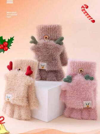 1 Pair Of Cute Antler Gloves For Women For Christmas, Flip-Up Half-Finger Gloves For Winter, Plus Velvet And Thickened, Warm Gloves For Students To Write In, Ride On, And Ride In The Cold For Sports And Can Touch The Screen