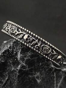 1pc Vintage Adjustable Skull & Rose Floral Carving Bracelet, Rockstar/Casual Style For Men - Antique Silver - View 5