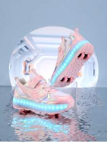 Kids' Fashionable Sturdy 4-Wheel 12-Mode Rechargeable Detachable Roller Skate Shoes, Suitable For Boys And Girls - Pink - View 4