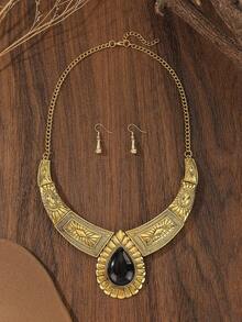 طقم قلادة معدنية أوروبية وأمريكية مبالغ فيها بتصميم الأزهار الزرقاء الفيروزية الشكل الدمعي الفينتاج