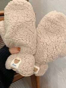 1 Pair Women's Cute Bear Pattern Solid Color Plush Quilted Warm Gloves, Suitable For Winter Casual Outings And Night Dates