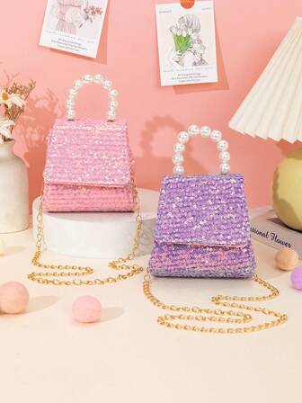 1 st. paljettmaterial enfärgat handväska med pärlrem, axelremsväska i metallkedja, lämplig för utflykter, födelsedagspresent, högtidspresent