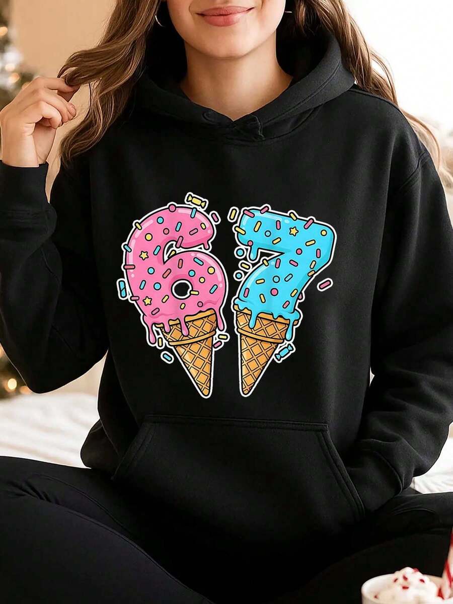 Women Hoodie Christmas Ice Cream Number 67 Print Sweatshirt Top Casual Wear Comfortable Fabric Perfect As Gift - 黑色 - 查看 1