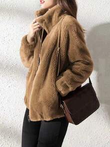 Women Fluffy Casual Solid Color Double-Sided Velvet Drawstring Stand Up Collar Jacket, Autumn/Winter