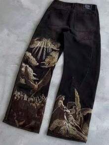 2025 Unisex Harajuku Retro Jeans, Bat Print Y2K Loose Slouchy Streetwear Casual Straight Pants - 黑色 - 查看 7